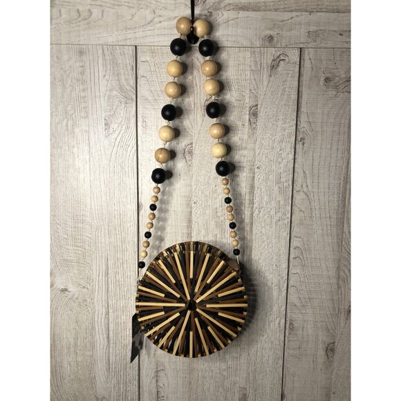 Women’s Round Brown Bamboo Wooden Beaded Shoulder Handbag Purse - Picture 2 of 6
